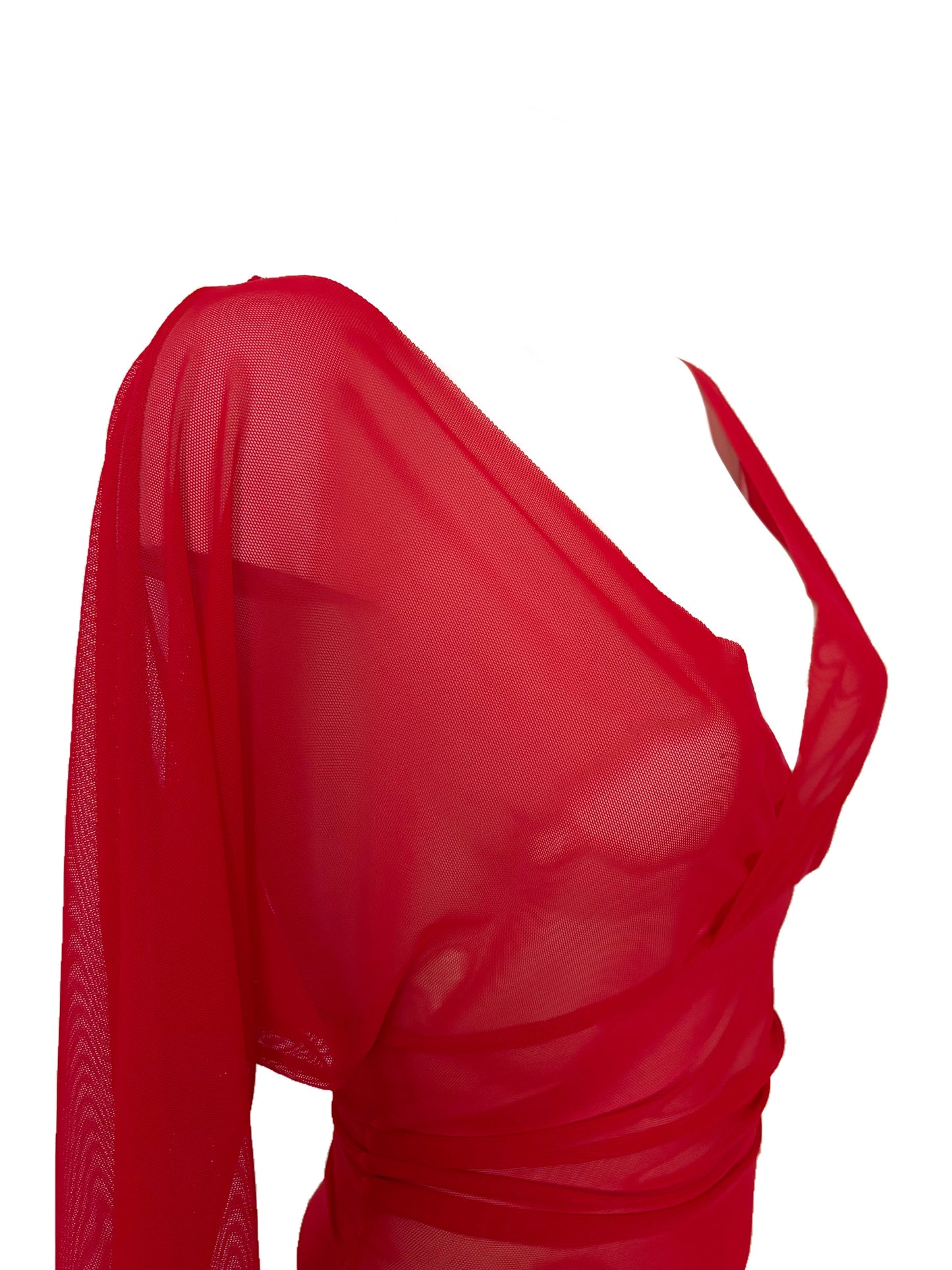 Super Fine Transparent Blouse With Fake Wrap Collar And Batwing Sleeves Made Of Mesh - Red