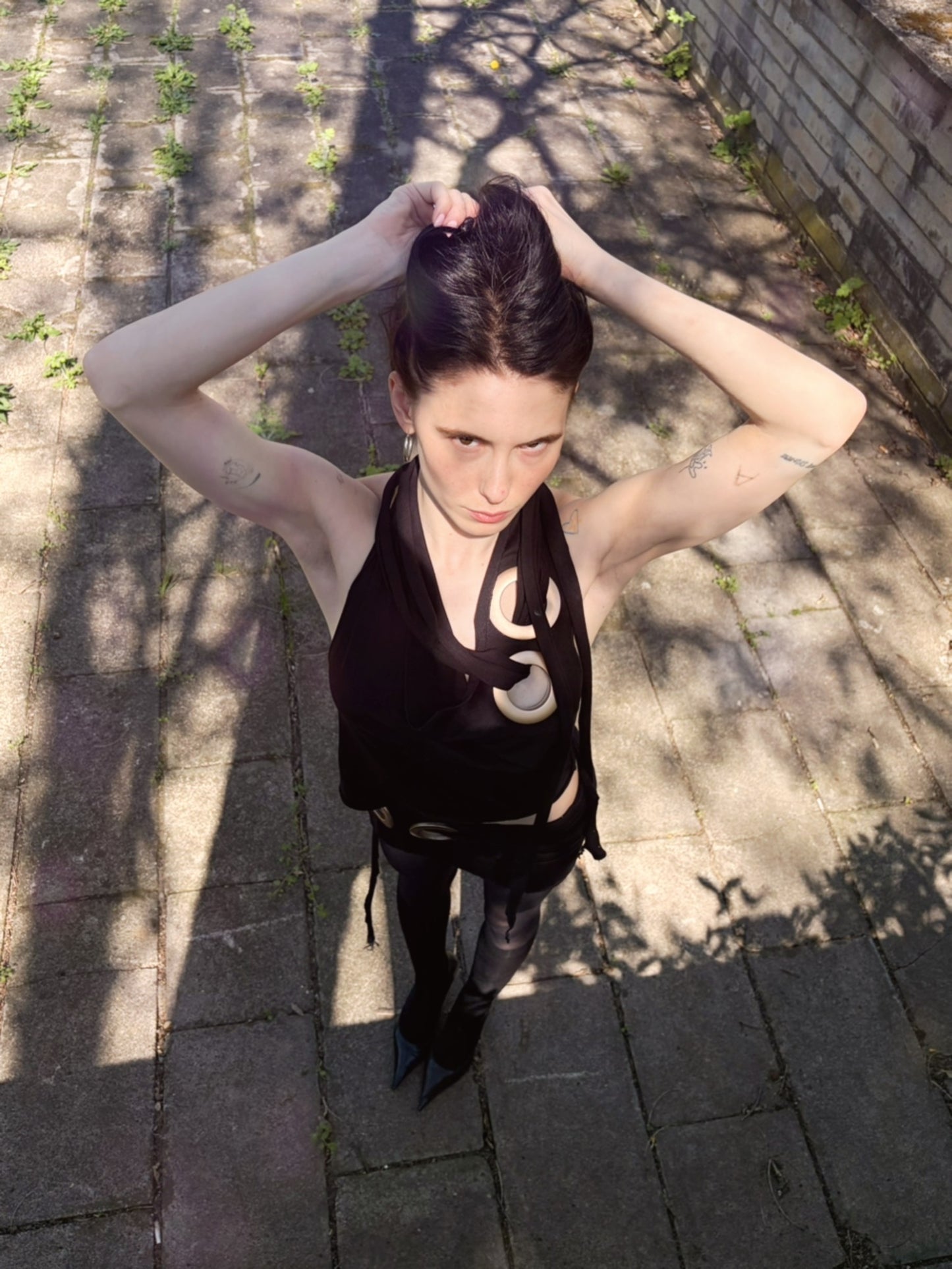 Handmade Viscose Halter Top With Waterfall Collar, Super Long Cords And Huge Eyelets - Black