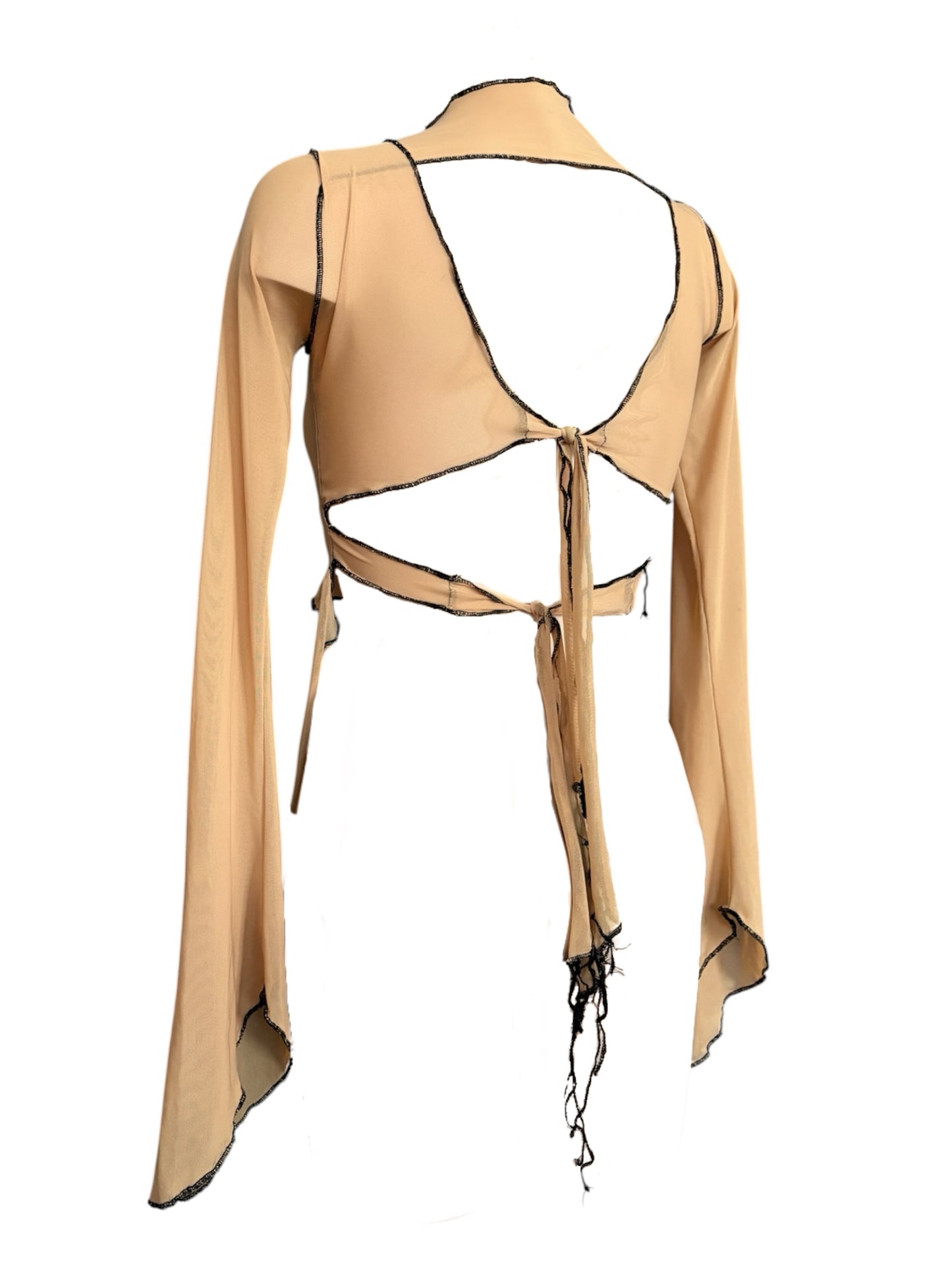 Handmade Destructive Longsleeve Blouse To Tie Nylon Mesh With Overlock Seams - Nude / Black