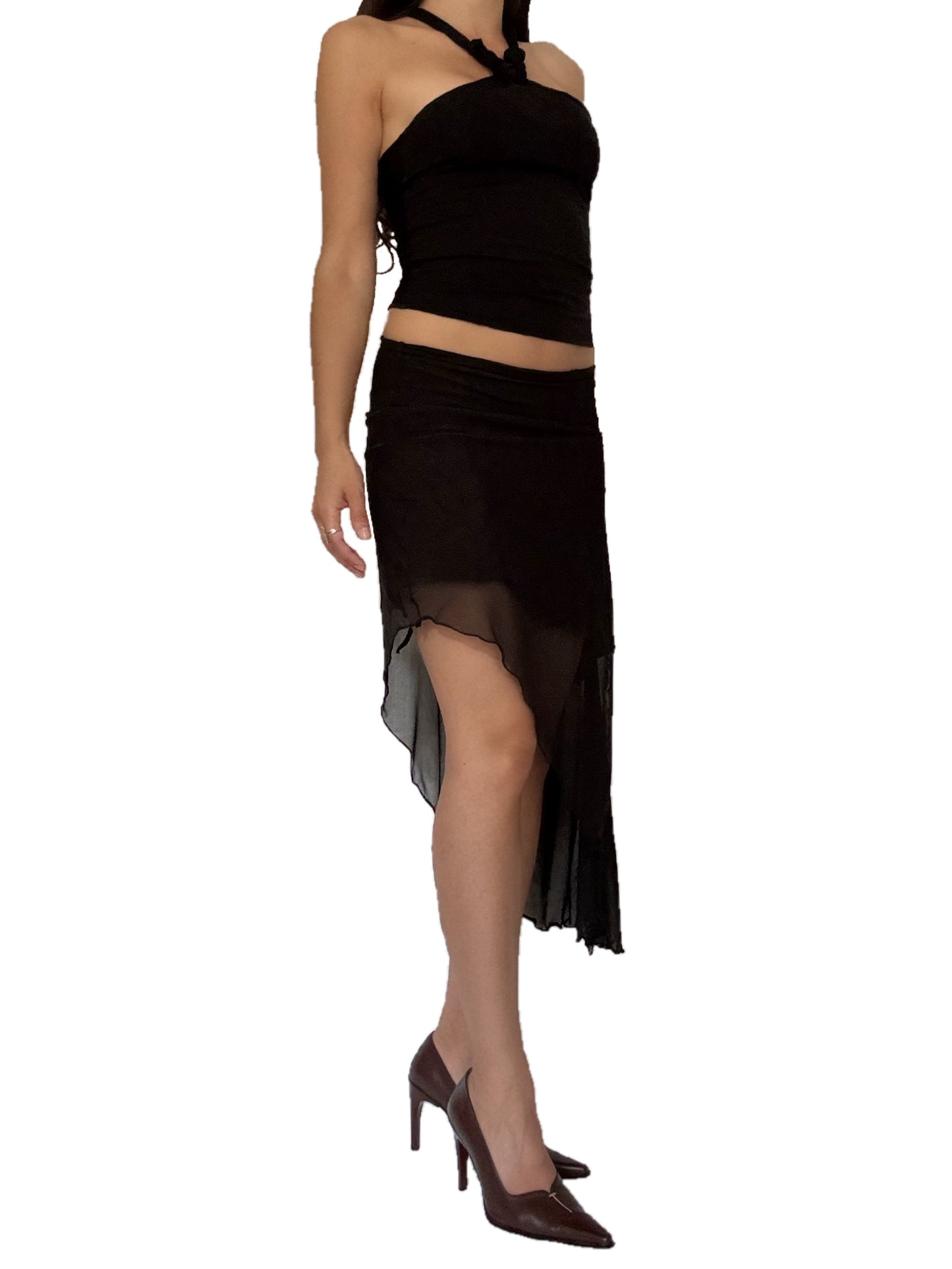 Handmade Melancholic Asymmetrical Midi Skirt With Cotton Underskirt and Mesh Skirt Of Different Lengths On Top