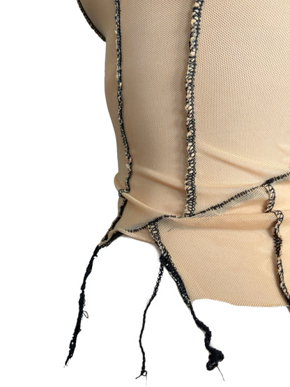 Handmade Destructive Corsage Top Nylon Mesh With Overlock Seams and Baseball Stitches - Nude / Black