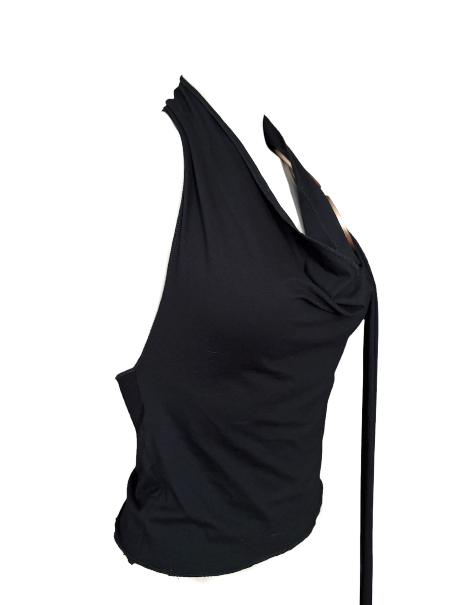 Handmade Viscose Set - Neckholder Waterfall Collar Top and Layered Miniskirt; Super Long Cords And Extra Large Eyelets - Black