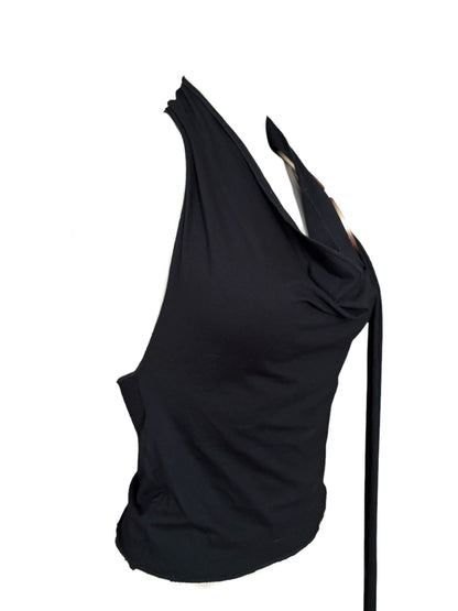 Handmade Viscose Set - Neckholder Waterfall Collar Top and Layered Miniskirt; Super Long Cords And Extra Large Eyelets - Black