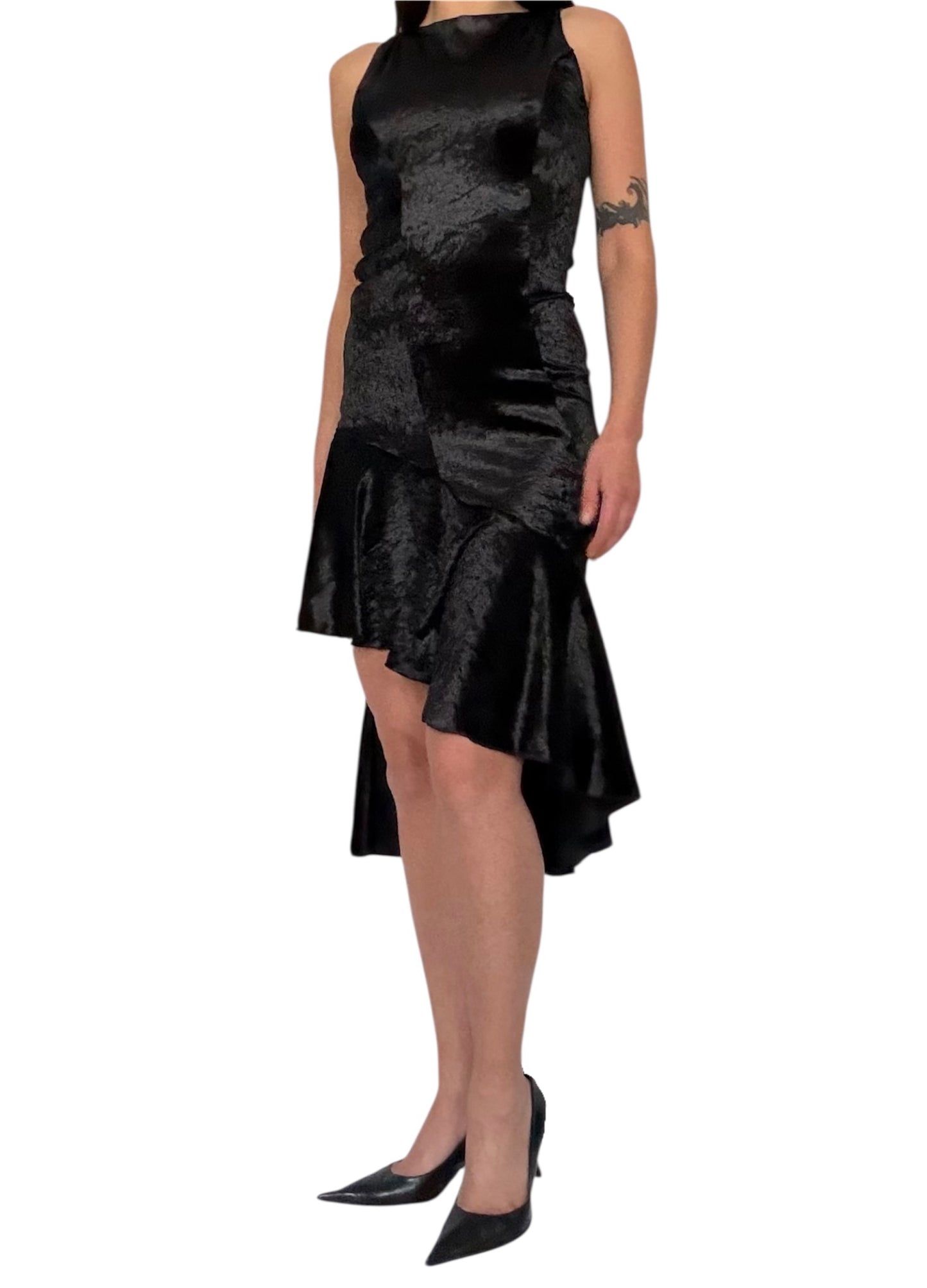 Handmade Asymmetrical Etui Dress with Volants and Hocks Made Of Velvet