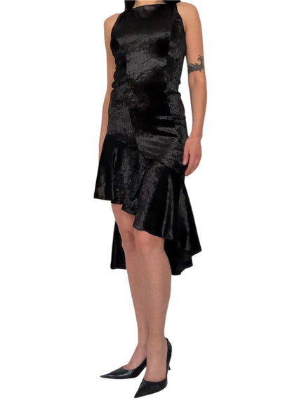 Handmade Asymmetrical Etui Dress with Volants and Hocks Made Of Velvet