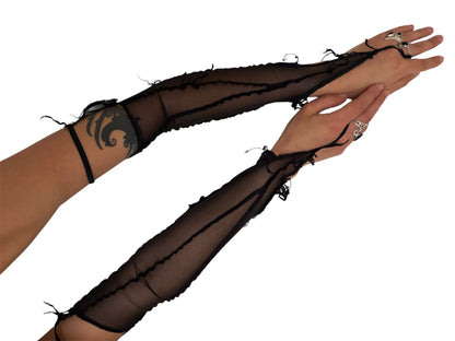 Handmade Nylon Mesh Gloves Destructive Fairy Cuffs - Nude/ Black (Kopie)