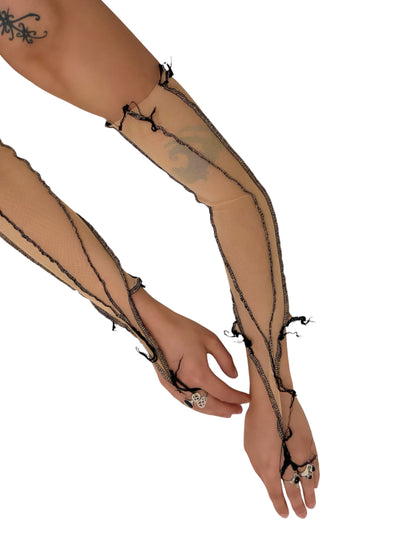 Handmade Nylon Mesh Gloves Destructive Fairy Cuffs - Nude/ Black