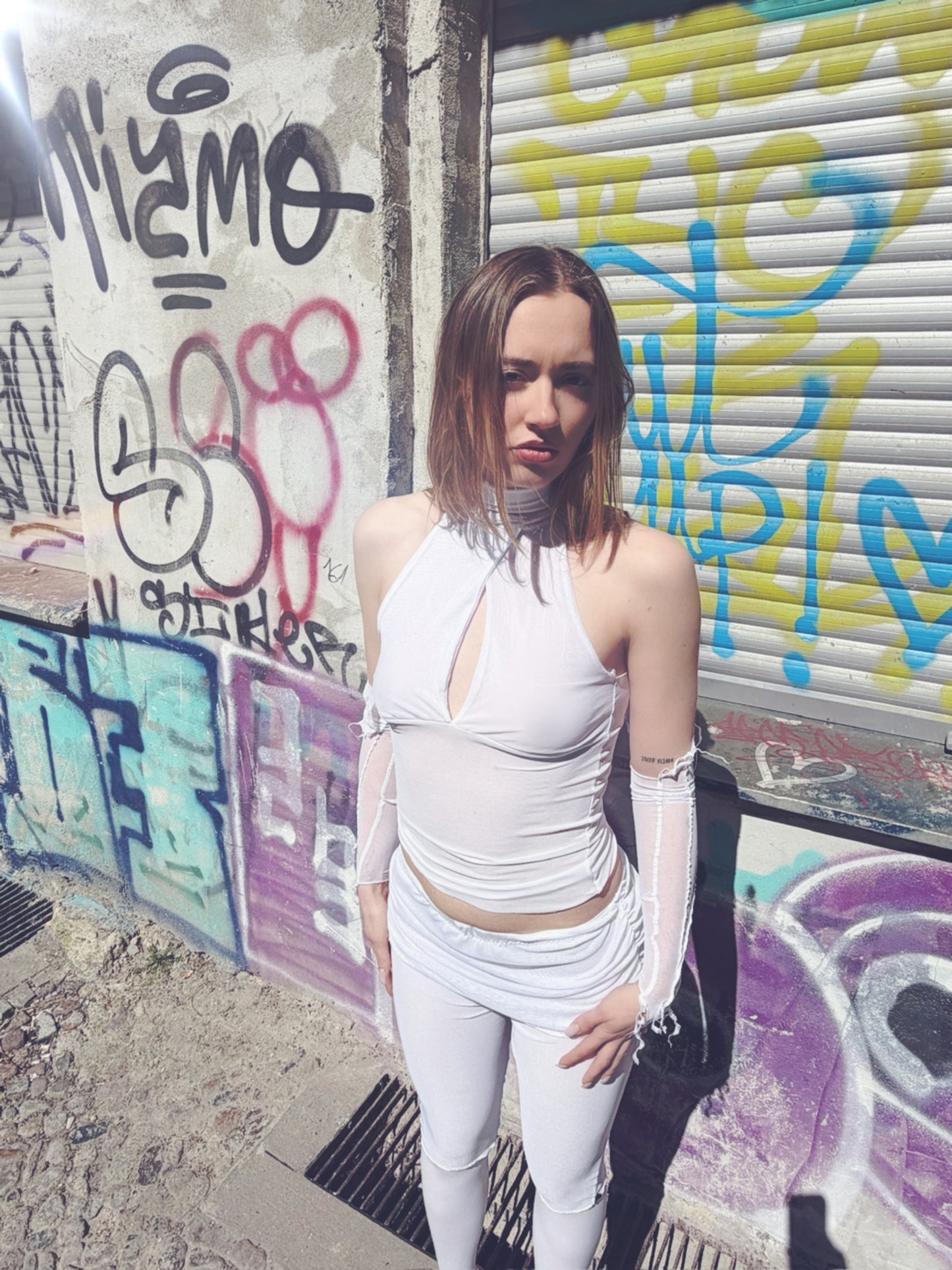 Handmade Melancholic Wrap Over Mesh Neckholder Tank Top Shirt Turtleneck - White