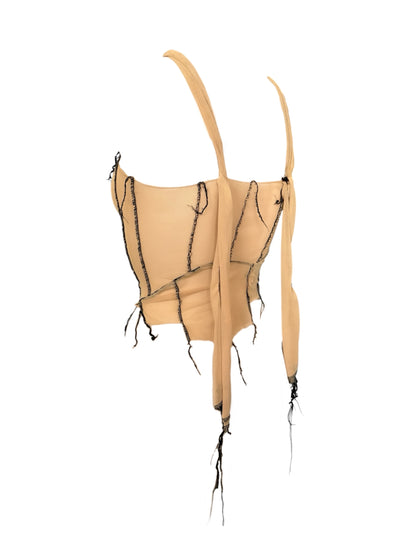 Handmade Destructive Corsage Top Nylon Mesh With Overlock Seams and Baseball Stitches - Nude / Black