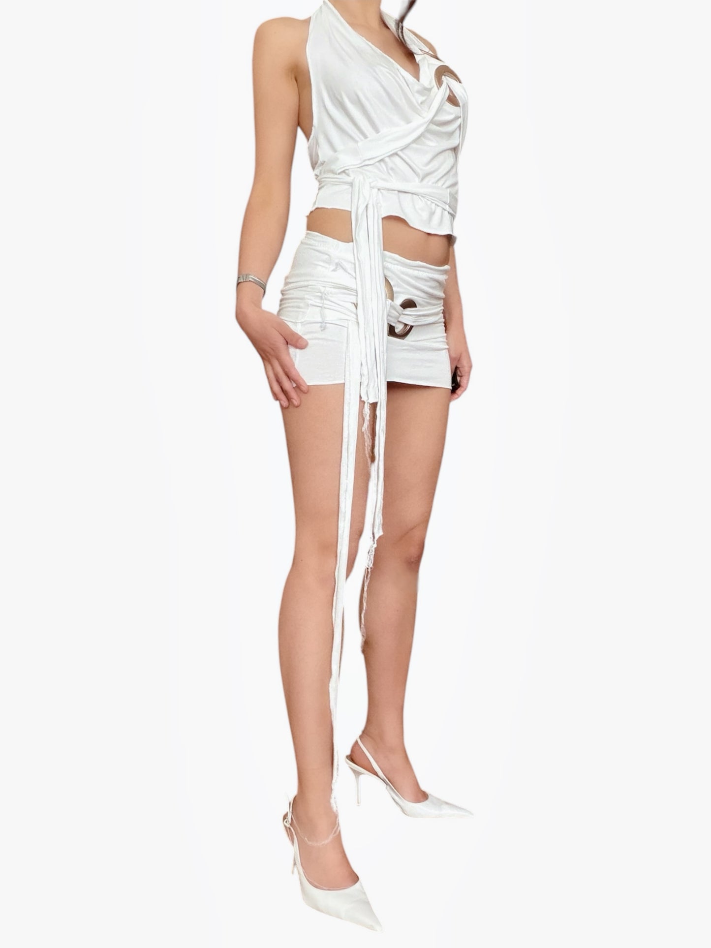 Handmade Neckholder Waterfall Collar Top; Super Long Cords And Extra Large Eyelets - White