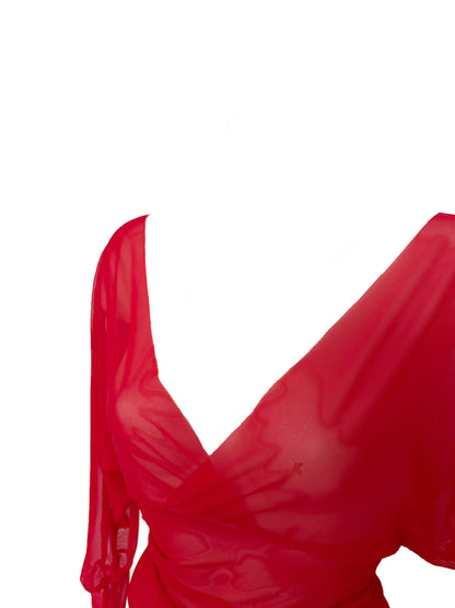 Super Fine Transparent Blouse With Fake Wrap Collar And Batwing Sleeves Made Of Mesh - Red
