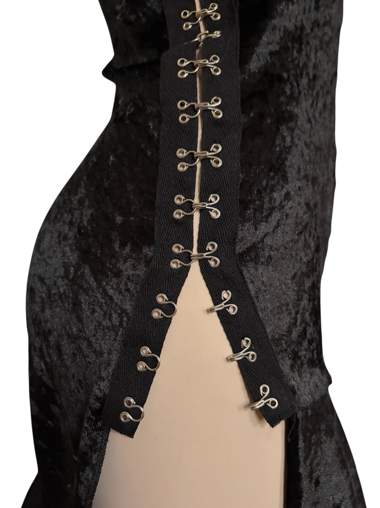 Handmade Asymmetrical Etui Dress with Volants and Hocks Made Of Velvet