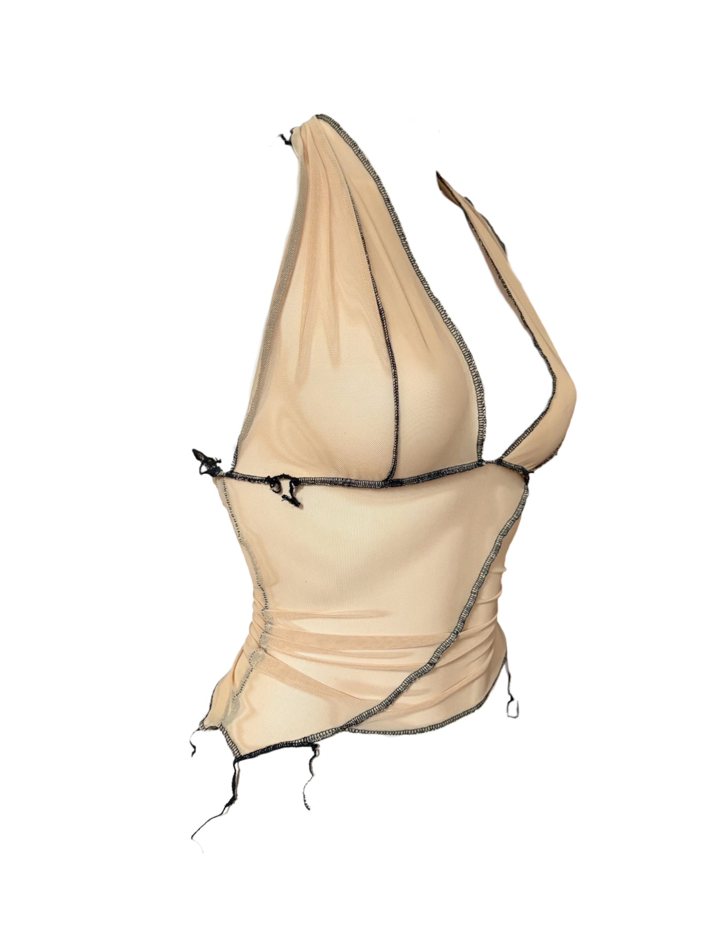 Handmade Destructive Halter Top To Tie Nylon Mesh With Overlock Seams and Baseball Stitches - Nude / Black