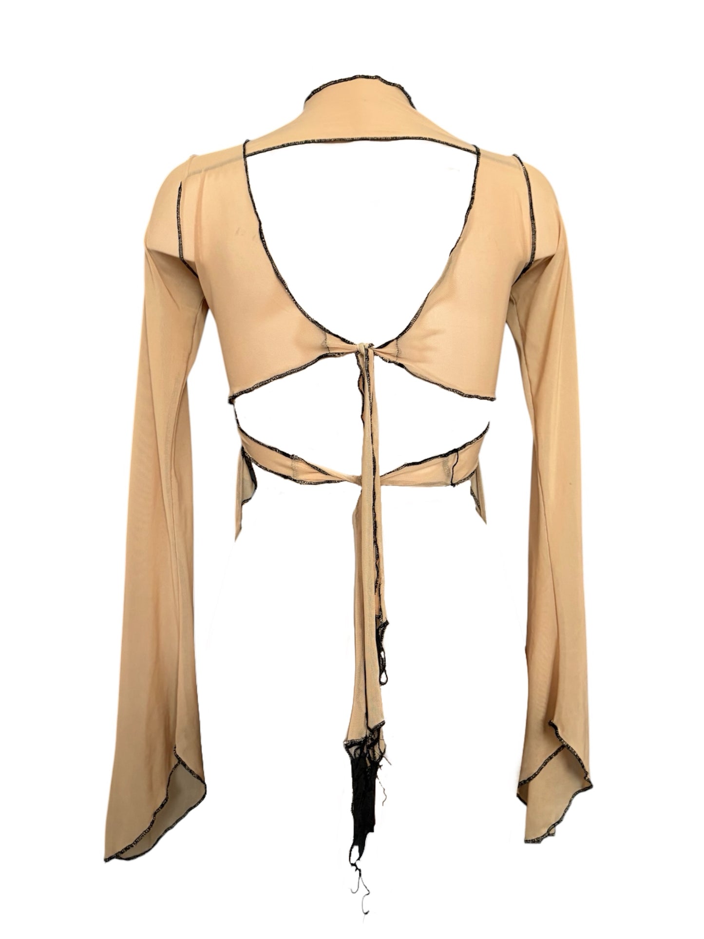 Handmade Destructive Longsleeve Blouse To Tie Nylon Mesh With Overlock Seams - Nude / Black