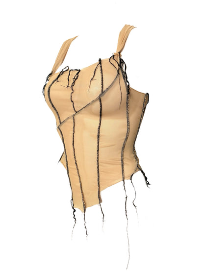 Handmade Destructive Corsage Top Nylon Mesh With Overlock Seams and Baseball Stitches - Nude / Black