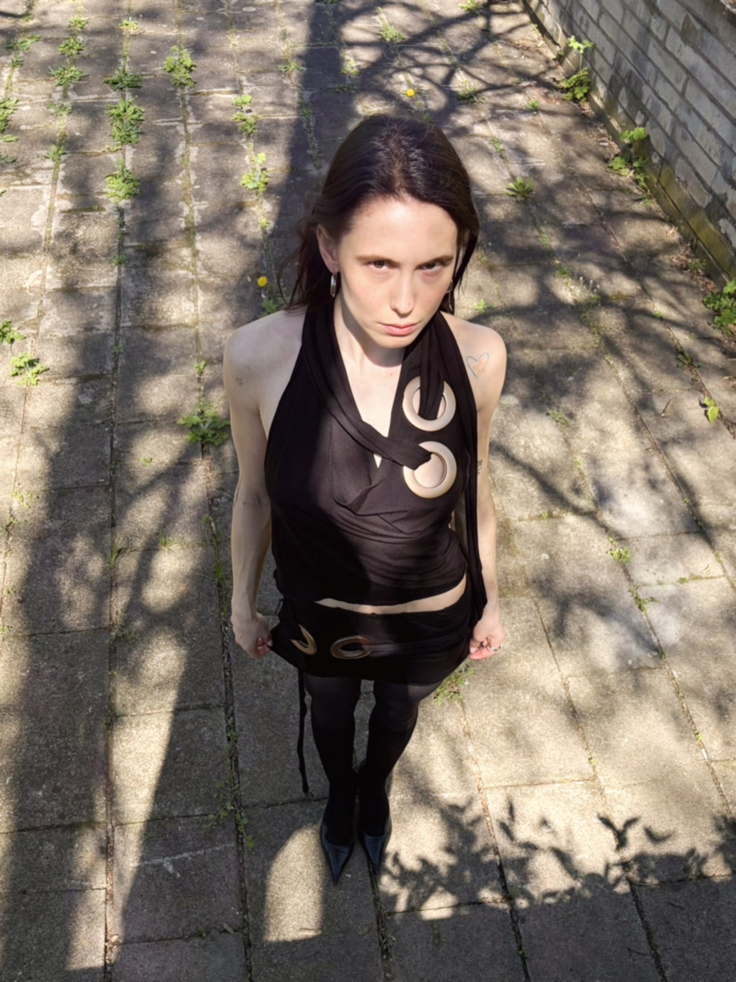 Handmade Viscose Set - Neckholder Waterfall Collar Top and Layered Miniskirt; Super Long Cords And Extra Large Eyelets - Black