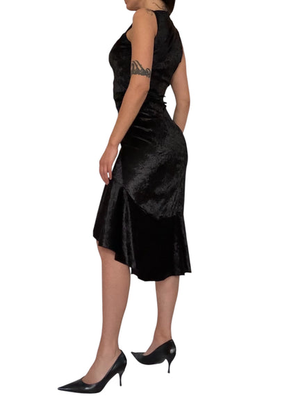 Handmade Asymmetrical Etui Dress with Volants and Hocks Made Of Velvet