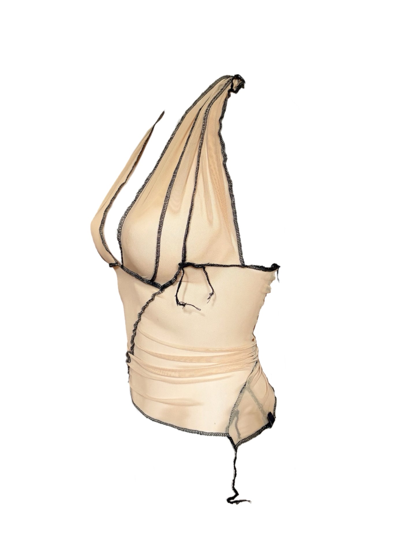Handmade Destructive Halter Top To Tie Nylon Mesh With Overlock Seams and Baseball Stitches - Nude / Black