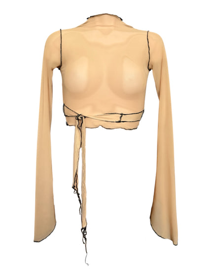 Handmade Destructive Longsleeve Blouse To Tie Nylon Mesh With Overlock Seams - Nude / Black