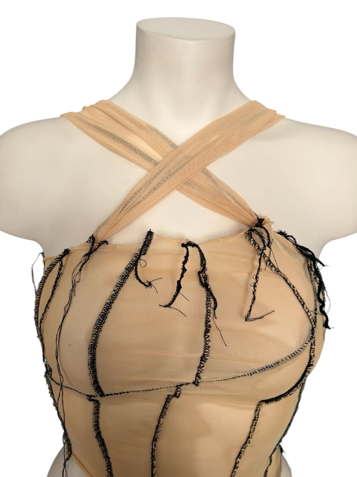 Handmade Destructive Corsage Top Nylon Mesh With Overlock Seams and Baseball Stitches - Nude / Black