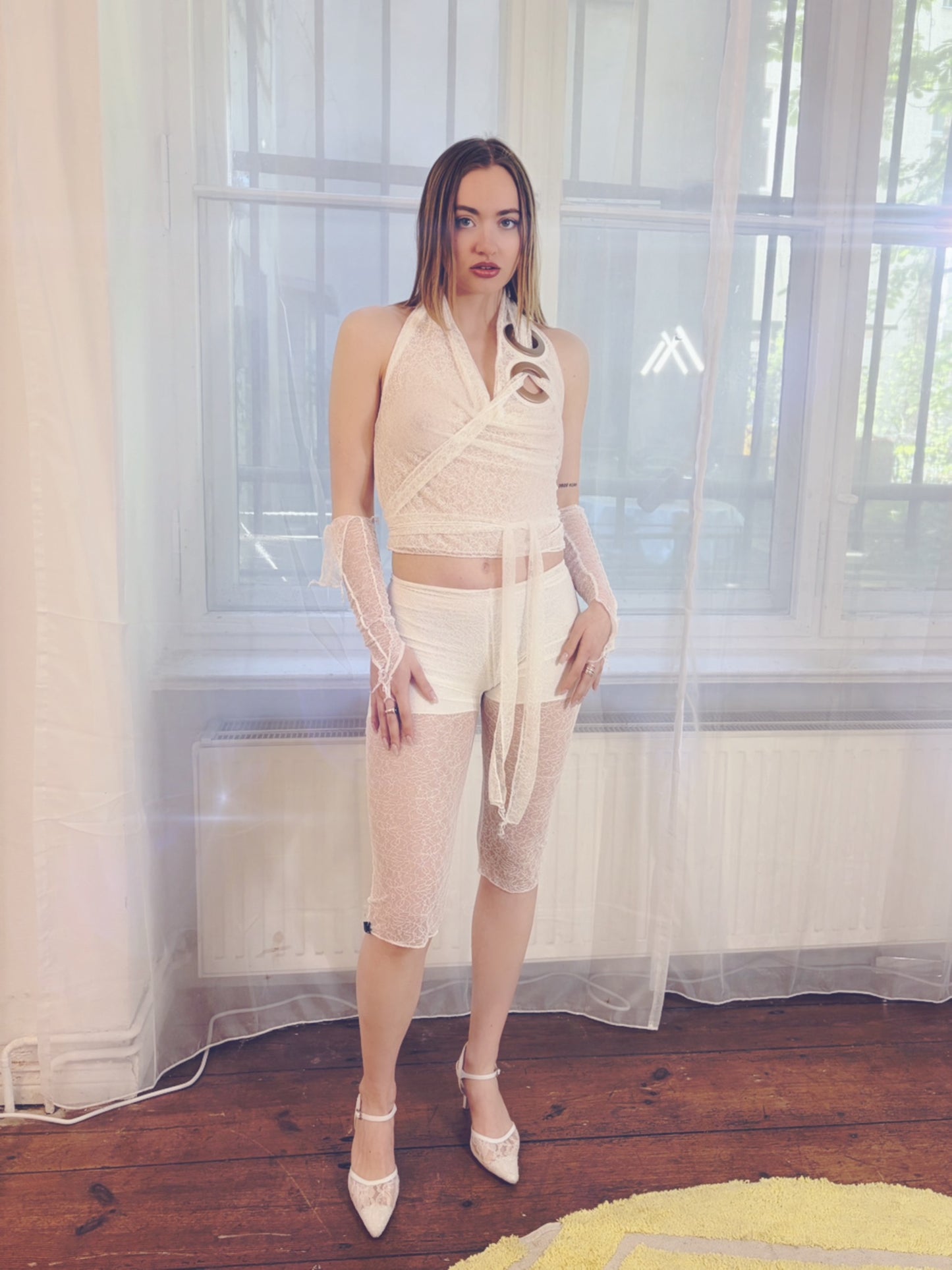 Handmade Lace Neckholder with Waterfall Collar, Super Long Cords and Extra Large Eyelets - White