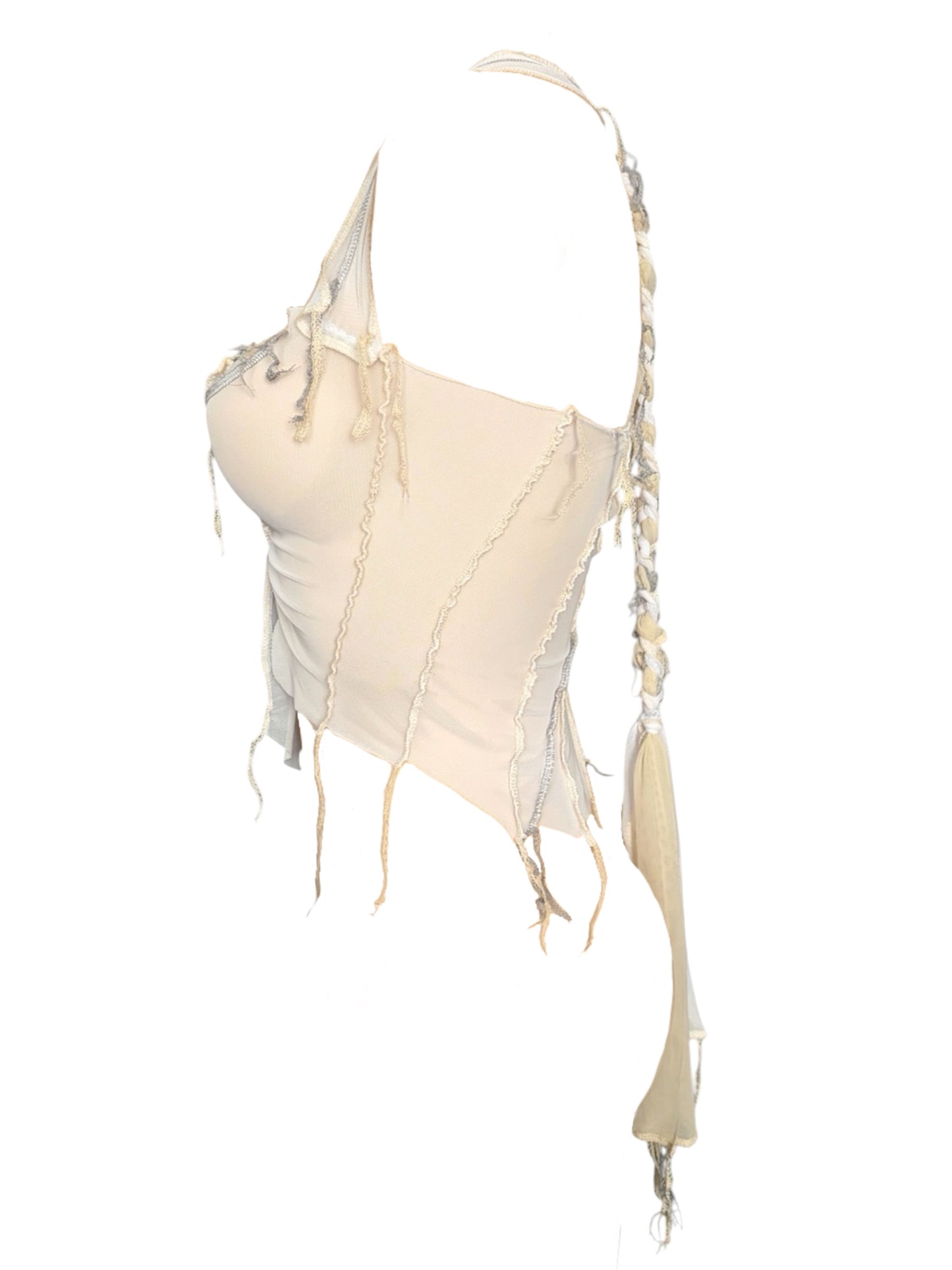 Handmade Destructive Corsage Top Nylon Mesh With Overlock Seams and Super Long Braided Strap - White / Creme
