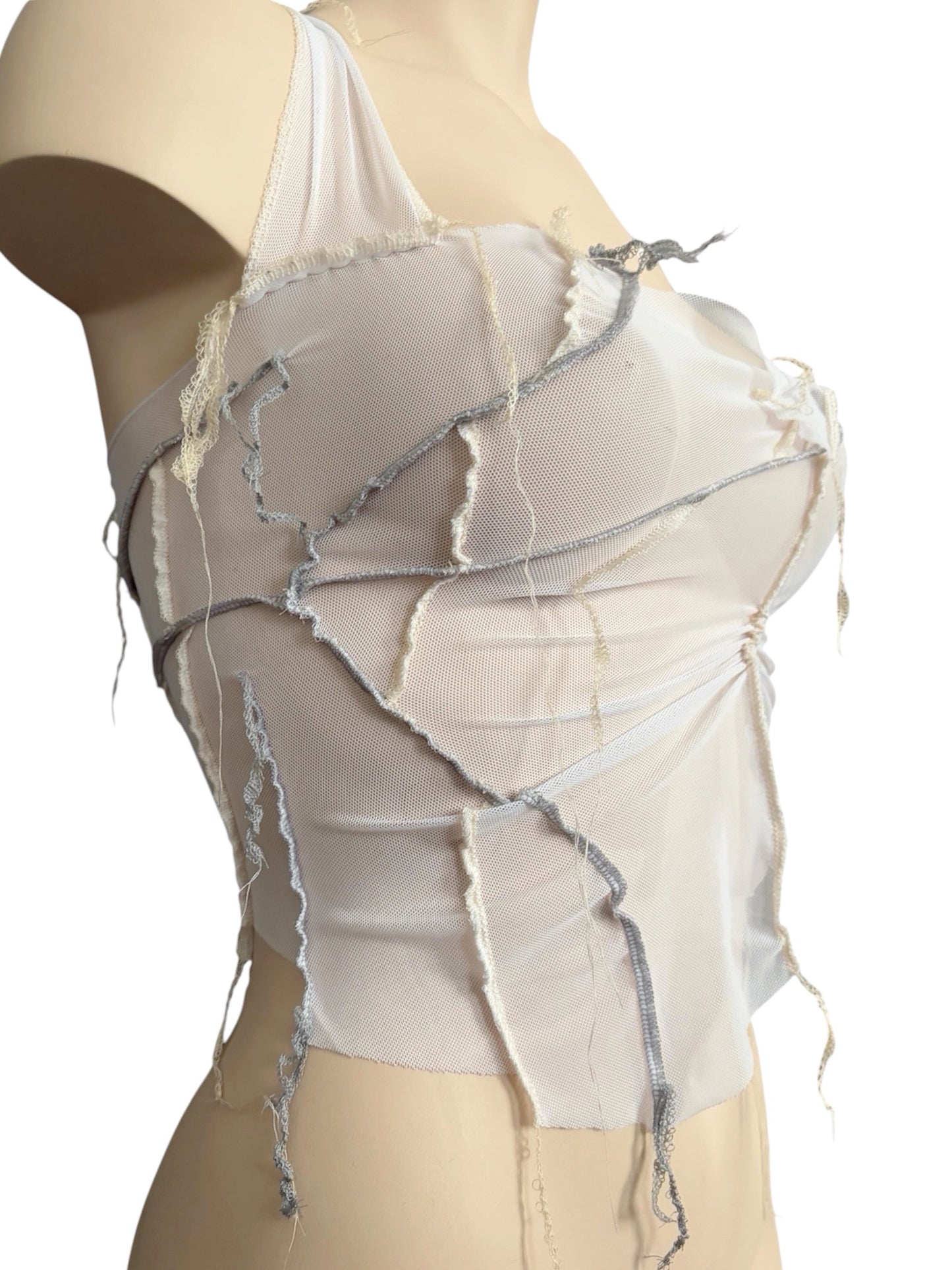 Handmade Destructive Corsage Top Nylon Mesh With Overlock Seams and Super Long Braided Strap - White / Creme