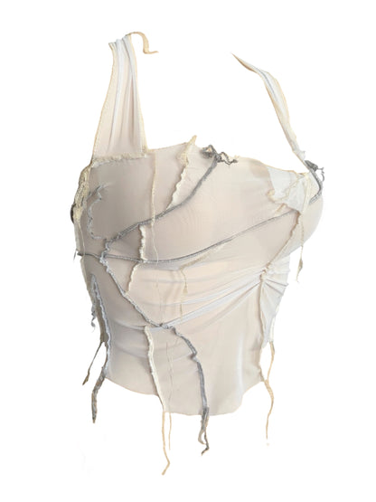 Handmade Destructive Corsage Top Nylon Mesh With Overlock Seams and Super Long Braided Strap - White / Creme