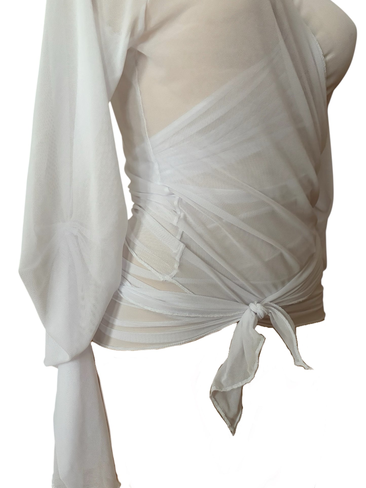 Handmade Soft Ballerina Mesh Cardigan Wrap Over Blouse With Ruffled Details - White
