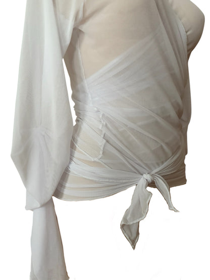 Handmade Soft Ballerina Mesh Cardigan Wrap Over Blouse With Ruffled Details - White