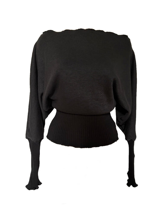 Cozy Cotton Viscose Mix Off Shoulder Sweater With Thumbholes And Batwing Sleeves - Black