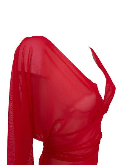 Super Fine Transparent Blouse With Fake Wrap Collar And Batwing Sleeves Made Of Mesh - Red