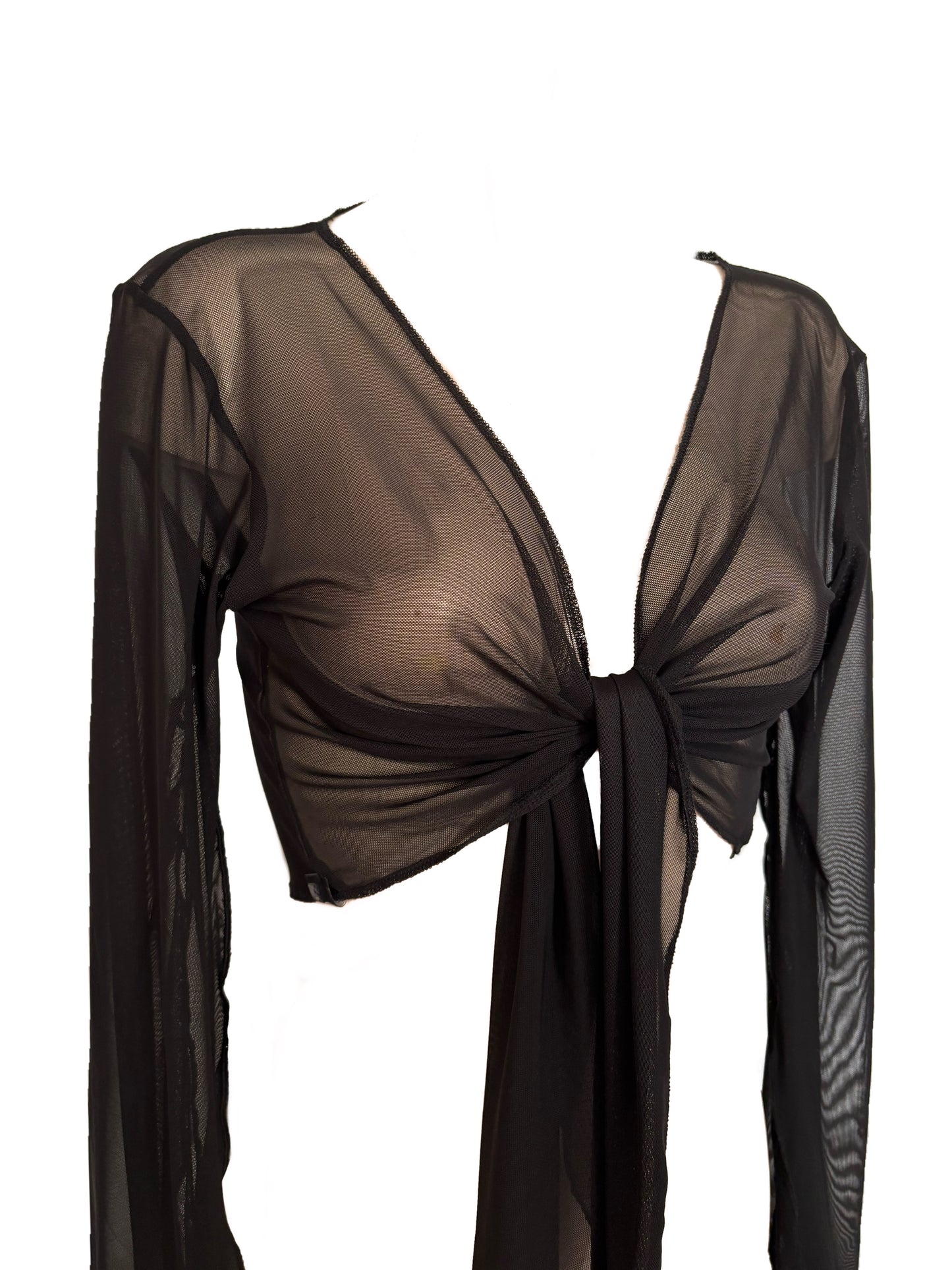 Handmade Melancholic Ballerina Mesh Cardigan Transparent Reversible Wrap Over Blouse - Black