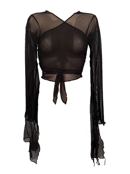 Handmade Melancholic Ballerina Mesh Cardigan Transparent Reversible Wrap Over Blouse - Black