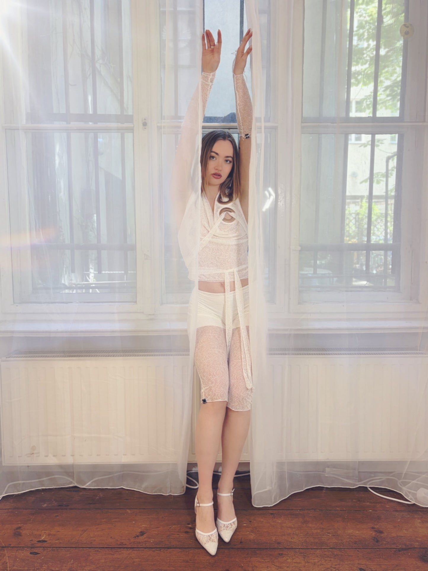 Handmade Lace Mesh Leggings With Viscose Mini Shorts - White