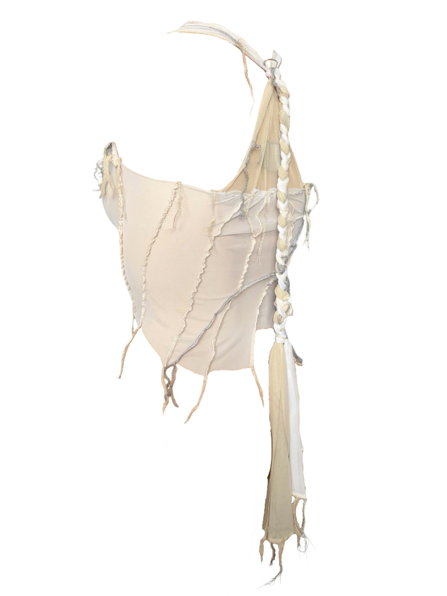 Handmade Destructive Corsage Top Nylon Mesh With Overlock Seams and Super Long Braided Strap - White / Creme