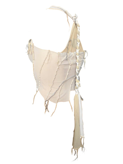 Handmade Destructive Corsage Top Nylon Mesh With Overlock Seams and Super Long Braided Strap - White / Creme