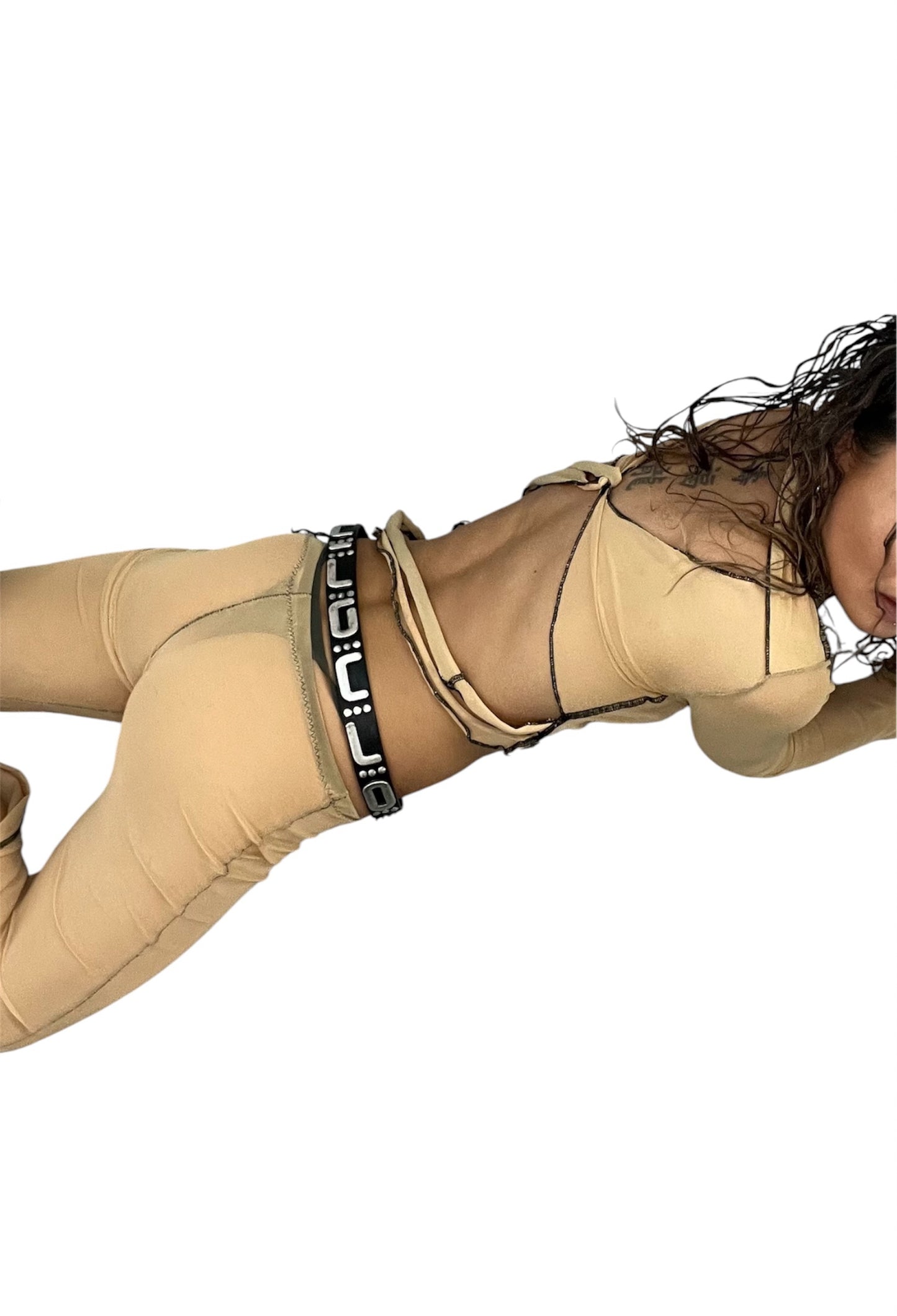 Handmade Destructive Longsleeve Blouse To Tie Nylon Mesh With Overlock Seams - Nude / Black