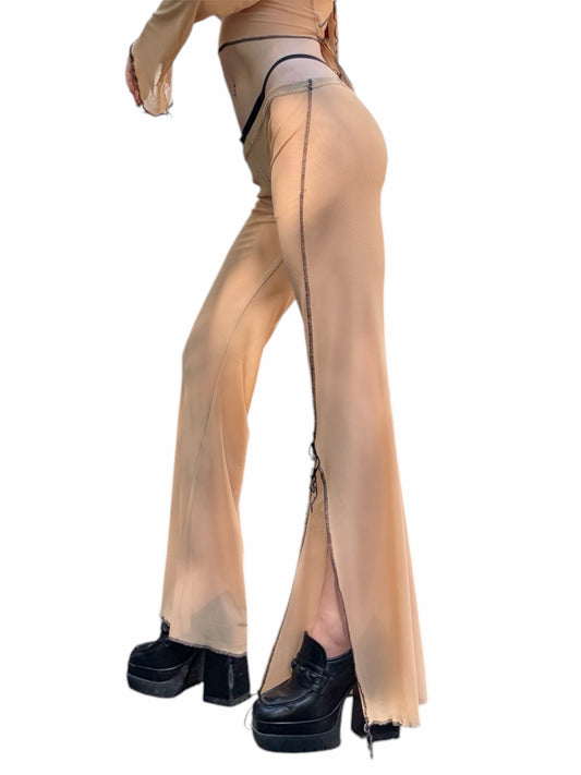 Handmade Destructive Bootcut Pants With Slit Nylon Mesh With Overlock Seams and Baseball Stitches - Nude / Black