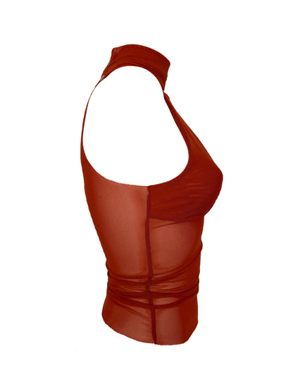 Handmade Melancholic Wrap Over Mesh Neckholder Tank Top Shirt Turtleneck - Terra