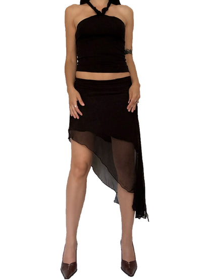 Handmade Melancholic Asymmetrical Midi Skirt With Cotton Underskirt and Mesh Skirt Of Different Lengths On Top