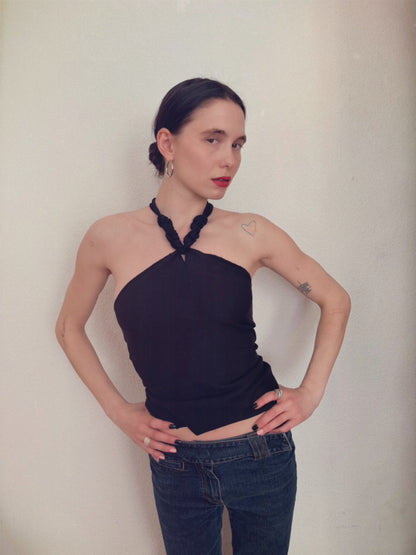 Handmade Neckholder Tanktop with Super Long Braided Cords Made Of Cotton - Black