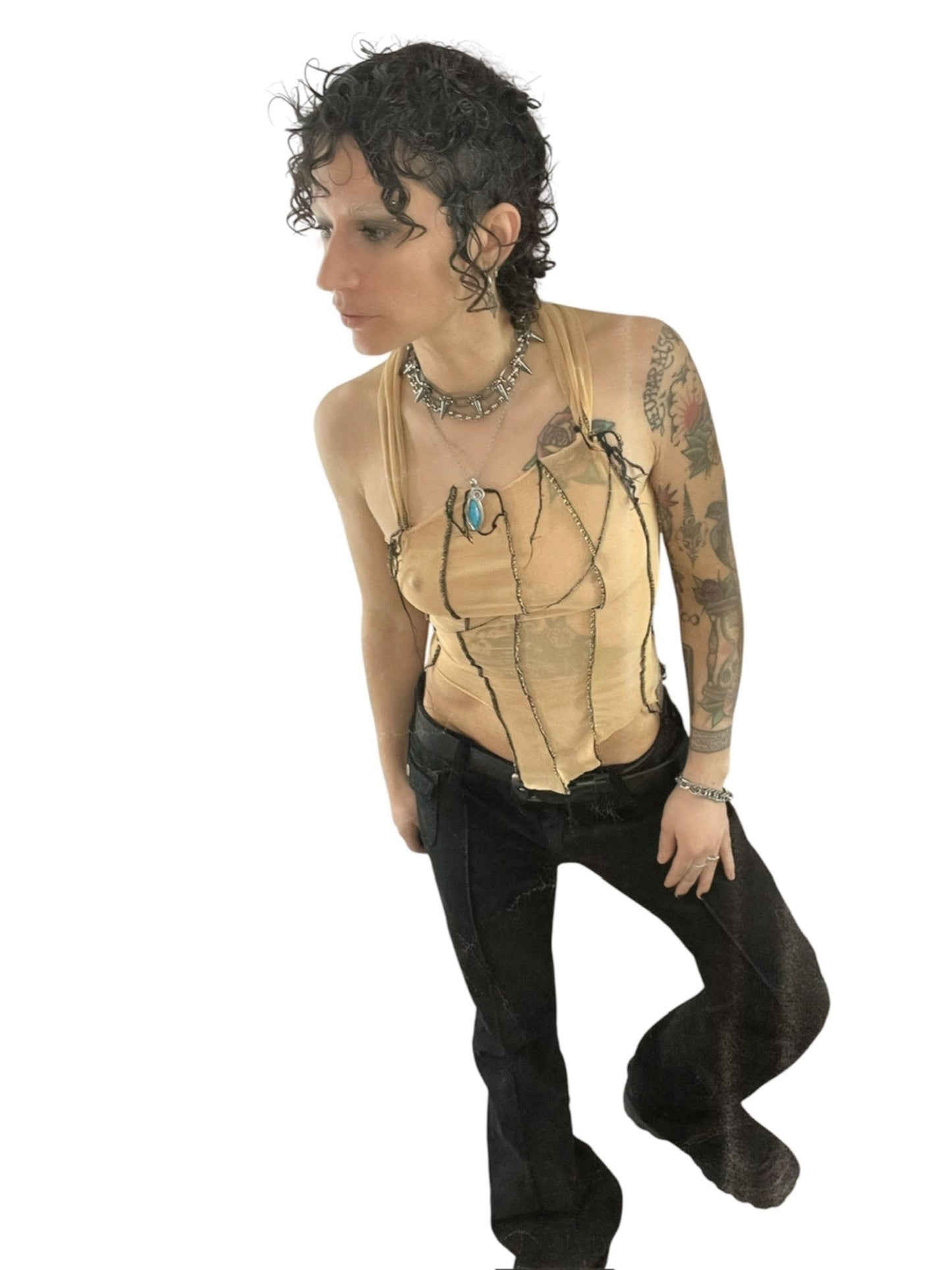 Handmade Destructive Corsage Top Nylon Mesh With Overlock Seams and Baseball Stitches - Nude / Black