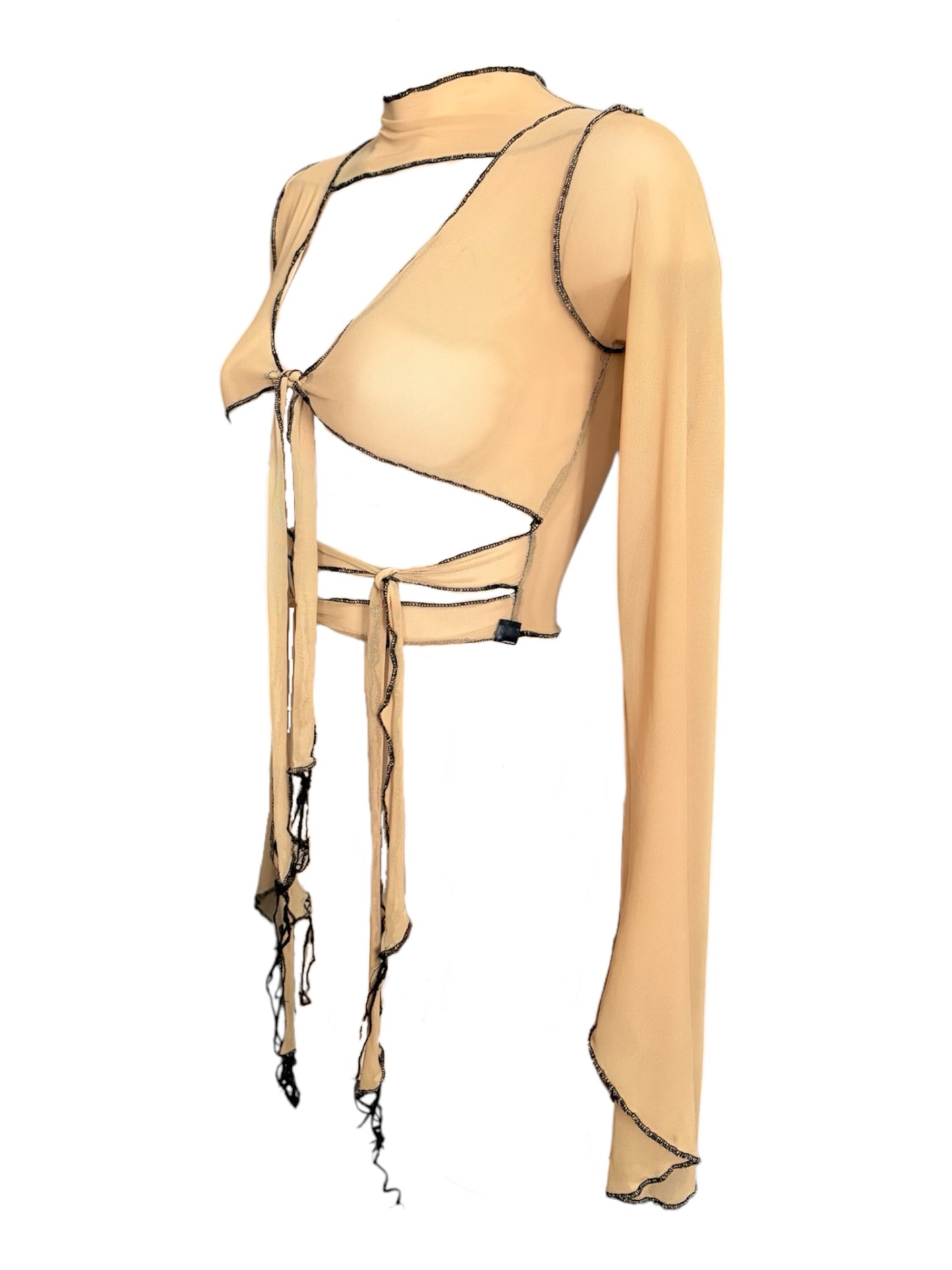 Handmade Destructive Longsleeve Blouse To Tie Nylon Mesh With Overlock Seams - Nude / Black