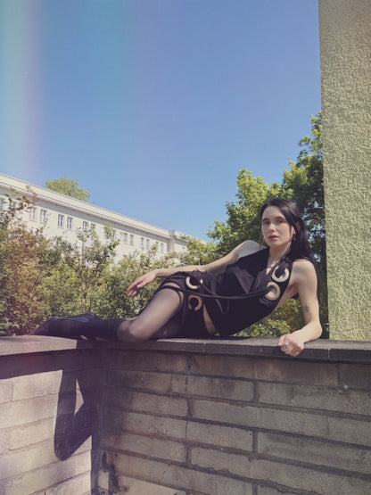 Handmade Viscose Set - Neckholder Waterfall Collar Top and Layered Miniskirt; Super Long Cords And Extra Large Eyelets - Black