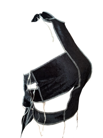 Handmade Velvet Halter Cross Top to Tie With Creme Overlock Seams - Rebell Show Top