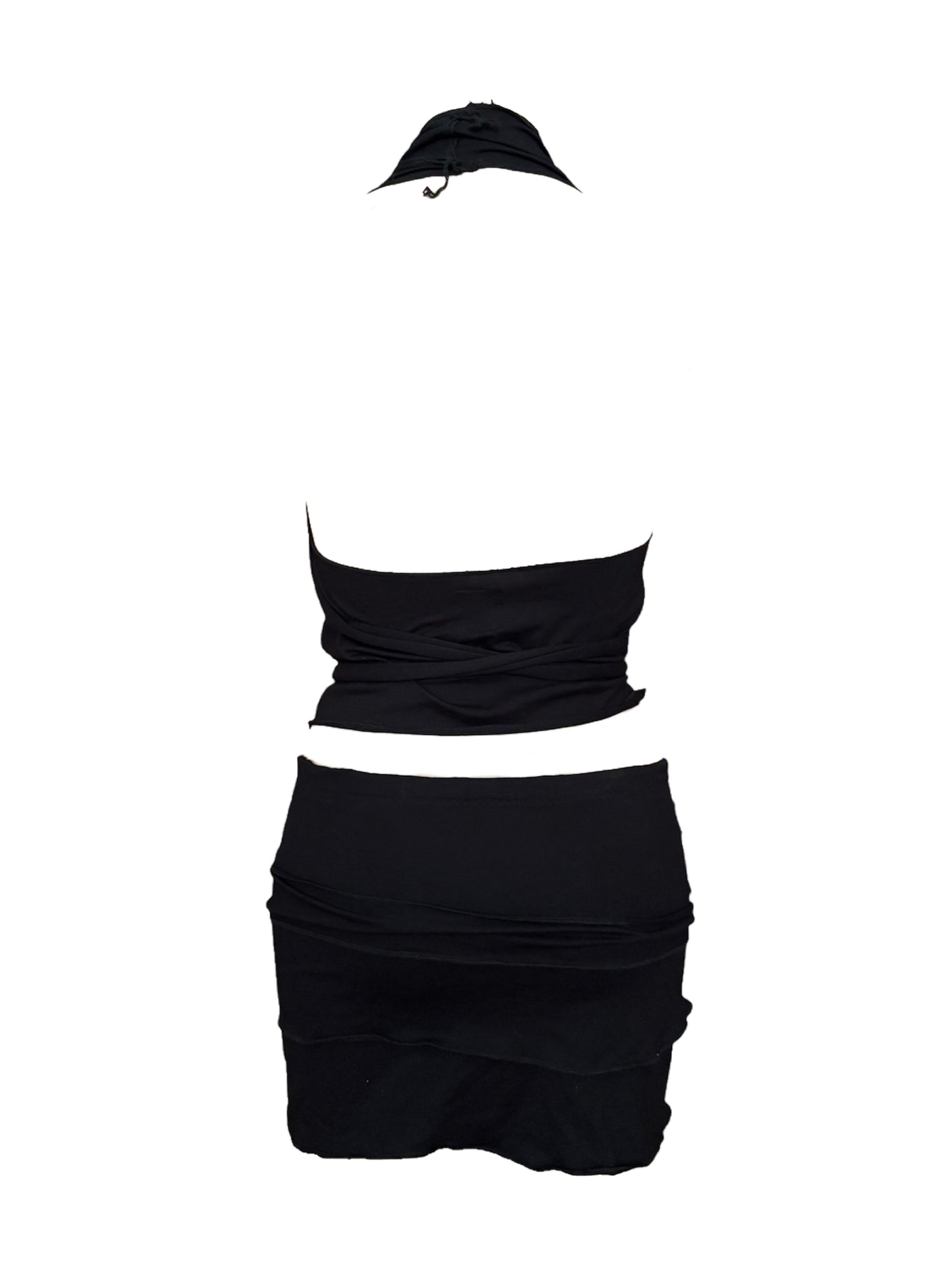 Handmade Viscose Set - Neckholder Waterfall Collar Top and Layered Miniskirt; Super Long Cords And Extra Large Eyelets - Black