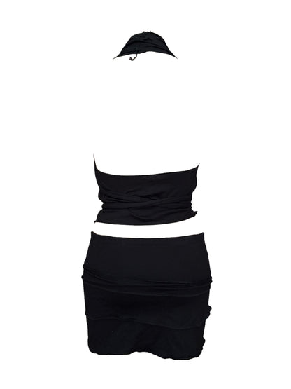 Handmade Viscose Set - Neckholder Waterfall Collar Top and Layered Miniskirt; Super Long Cords And Extra Large Eyelets - Black