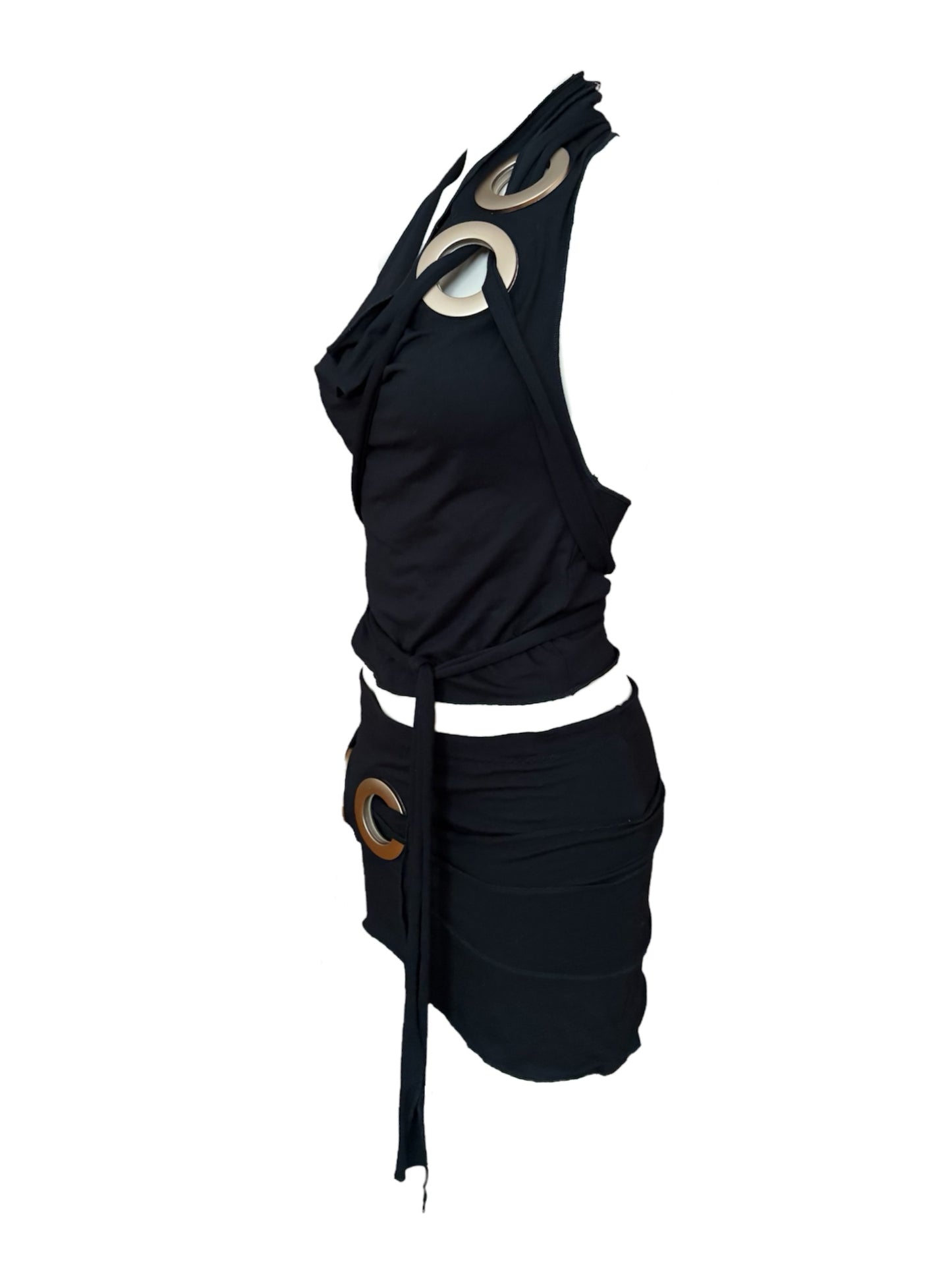Handmade Viscose Set - Neckholder Waterfall Collar Top and Layered Miniskirt; Super Long Cords And Extra Large Eyelets - Black