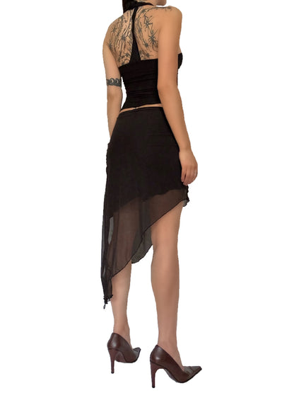 Handmade Melancholic Asymmetrical Midi Skirt With Cotton Underskirt and Mesh Skirt Of Different Lengths On Top